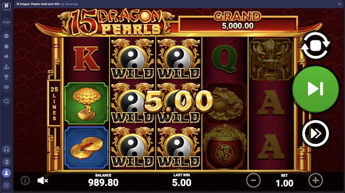Screenshot showing a successful spin on the 15 Dragon Pearls: Hold and Win slot with a payout of 5.00, featuring symbols like wilds and other traditional Asian-inspired elements.