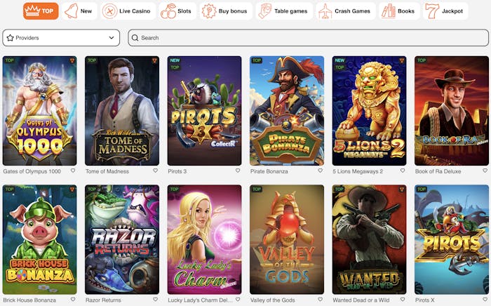 popular game section on All Spins Casino’s homepage showcasing top games like Gates of Olympus 1000, Rich Wilde and the Tome of Madness, Pirats 3, Pirate Bonanza, and Book of Ra Deluxe