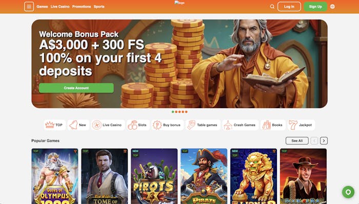 The homepage of All Spins Casino featuring the welcome bonus pack offering A$3,000 and 300 free spins across the first four deposits. The image includes a wizard character holding a book, with a colorful background of golden coins