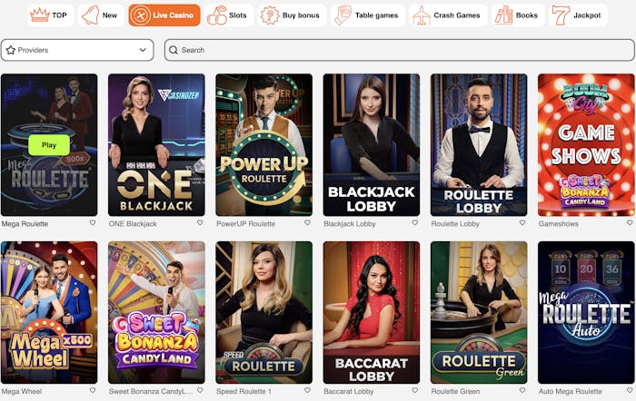All Spins Casino live casino section displaying various live games, including Mega Roulette, PowerUP Roulette, ONE Blackjack, and other game lobbies such as Blackjack, Baccarat, and Speed Roulette.