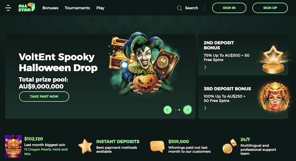 all star casino home page with bonuses and games displayed