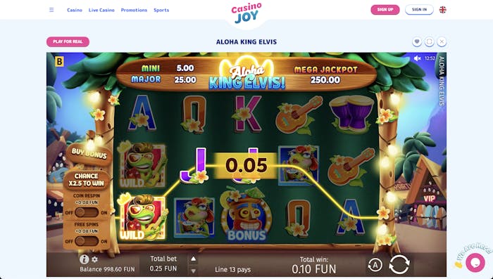 Aloha King Elvis slot game at Casino Joy, featuring the Mini, Major, and Mega jackpots, with a current win of 0.10 FUN and a total bet of 0.25 FUN. The game interface displays coin respin and free spins options