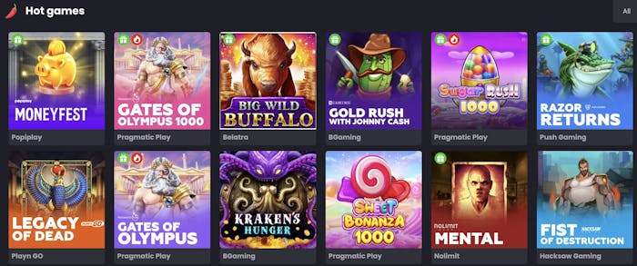 selection of hot games at Asino Casino featuring popular pokies like Moneyfest by Popiplay, Gates of Olympus 1000 by Pragmatic Play, Big Wild Buffalo by Belatra, Gold Rush with Johnny Cash by BGaming, Sugar Rush 1000 by Pragmatic Play, and Razor Returns by Push Gaming. The screenshot also includes Legacy of Dead by Play’n GO, Kraken’s Hunger by BGaming, Sweet Bonanza 1000 by Pragmatic Play, Mental by Nolimit City, and Fist of Destruction by Hacksaw Gaming, highlighting a vibrant and diverse slots portfolio.