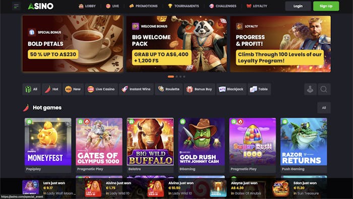 Asino Casino homepage showcasing hot games such as Moneyfest, Gates of Olympus 1000, Big Wild Buffalo, Gold Rush with Johnny Cash, and Sugar Rush 1000, along with navigation menus for Lobby, Live, Promotions, Tournaments, Challenges, and Loyalty