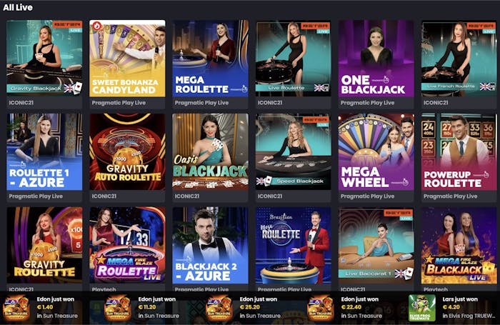 Asino Casino’s live games lobby showing a variety of live dealer games including Gravity Blackjack, Sweet Bonanza Candyland, Mega Roulette, Live Roulette, One Blackjack, and PowerUp Roulette with professional dealers visible on screen.