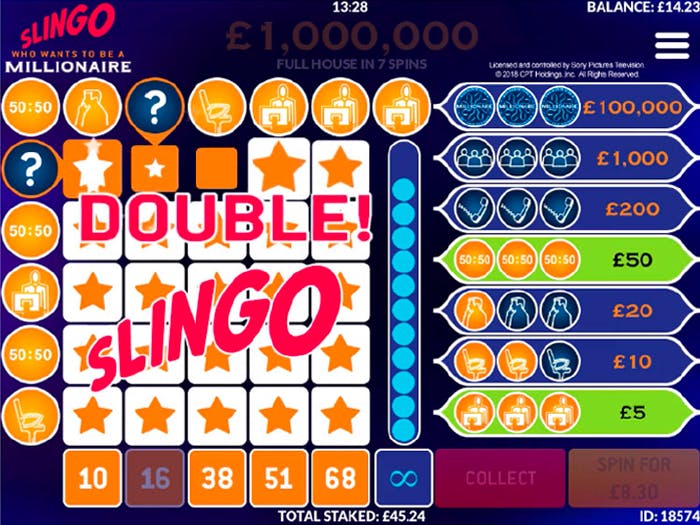 Slingo Who Wants to Be a Millionaire playing grid