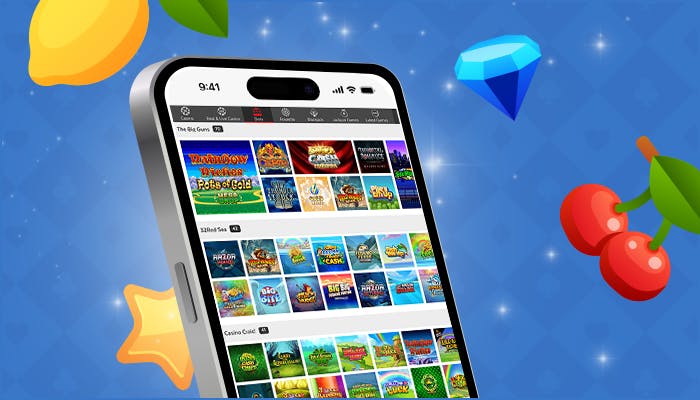 Mobile phone mock up of online casino sites showing compatability for playing on mobile