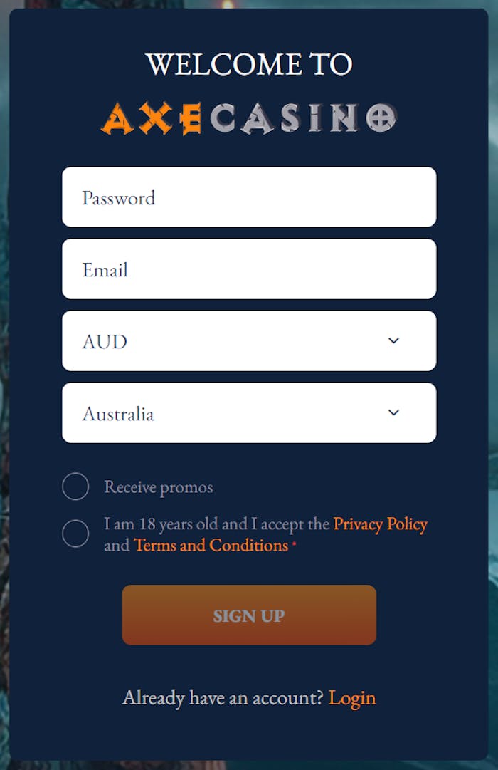 Axe Casino player signup