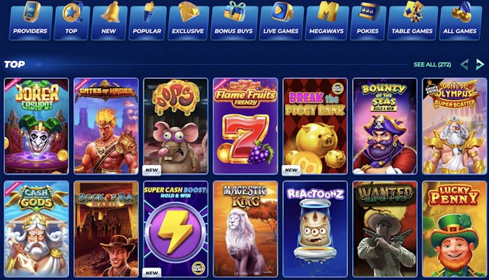 BassBet online casino game selection interface showing categories such as Providers, Top, New, Popular, Exclusive, Bonus Buys, Live Games, Megaways, Pokies, Table Games, and All Games, with a grid display of popular slot games including Joker Cashpot, Gates of Hades, Oops, Flame Fruits Frenzy, Break the Piggy Bank, Bounty of the Seas, Gates of Olympus Super Scatter, Cash Gods, Book of Ra Magic, Super Cash Boost, Majestic King, Reactoonz, Wanted Dead or a Wild, and Lucky Penny.