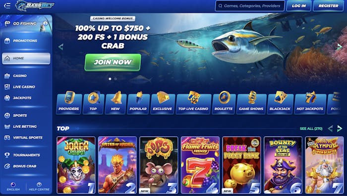 BassBet online casino homepage interface showing the main navigation menu on the left with options including Go Fishing, Promotions, Home, Casino, Live Casino, Jackpots, Sports, Live Betting, Virtual Sports, Tournaments, and Bonus Crab, alongside a central promotional banner advertising the welcome bonus of 100% up to $750, 200 free spins, and 1 bonus crab, with game category buttons below such as Providers, Top, New, Popular, Exclusive, Top Live Casino, Roulette, Game Shows, Blackjack, Hot Jackpots, Pokies, and others.