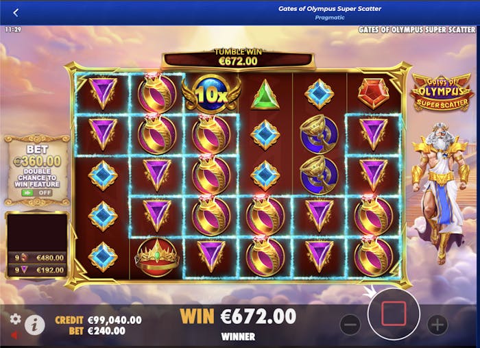 BassBet online slot game 'Gates of Olympus Super Scatter' by Pragmatic Play in action, displaying colorful symbols such as rings, crowns, gems, and golden goblets on a 6x5 reel grid with a Tumble Win of €672.00 shown at the top, bet amount €360.00, and option for Double Chance to Win Feature toggled off.