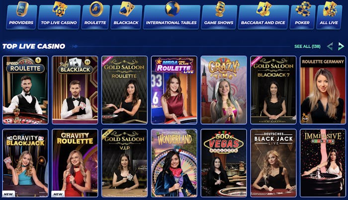 BassBet live casino game lobby showcasing popular live dealer tables including Speed Roulette, Ruby Blackjack, Gold Saloon Roulette, Mega Fire Blaze Roulette Live, Crazy Time, Gold Saloon Blackjack 7, Roulette Germany, Gravity Blackjack, Gravity Roulette, Gold Saloon VIP, Adventures Beyond Wonderland, 500x Vegas Roulette, Deutsches Blackjack Live, and Immersive Roulette Live, featuring professional dealers and interactive game thumbnails.