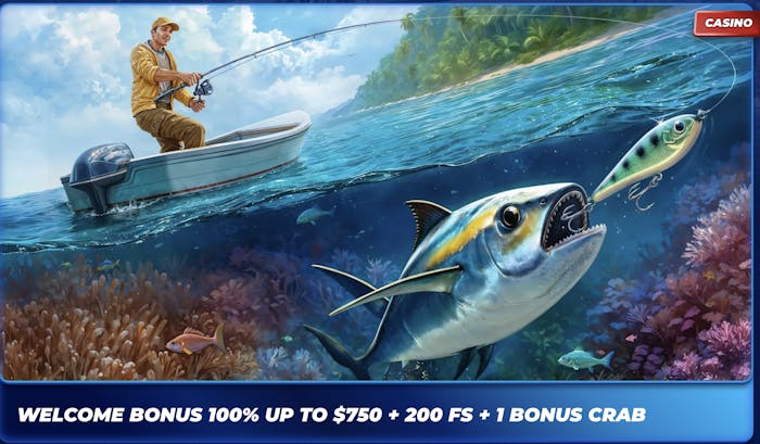 BassBet online casino promotional banner highlighting the welcome bonus offer: 100% bonus up to $750, 200 free spins, and 1 bonus crab, with an illustration of an underwater fishing scene featuring a man fishing from a boat and a large aggressive fish approaching the lure.
