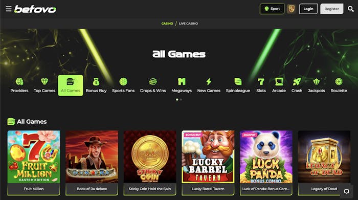 A selection of popular casino games, including Book of Ra Deluxe, Coin Win, and Mummyland Treasures, showcasing various slot games with bonus buy options