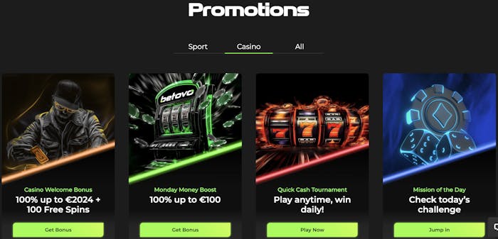 Casino promotions including a welcome bonus, Monday Money Boost, and a Quick Cash Tournament, featuring exciting graphics of slot machines and dice.