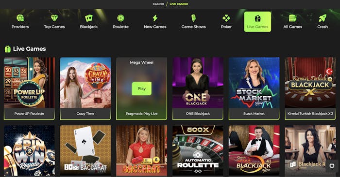 A variety of live casino games such as PowerUP Roulette, Crazy Time, and Mega Wheel, featuring game shows and live roulette with engaging dealers