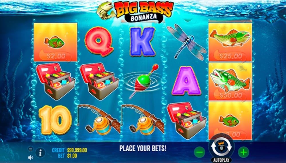 Gameplay screen of the Big Bass Bonanza slot game featuring underwater-themed reels with symbols like fishing rods, tackle boxes, fish, and colourful card letters, set against a blue ocean background.