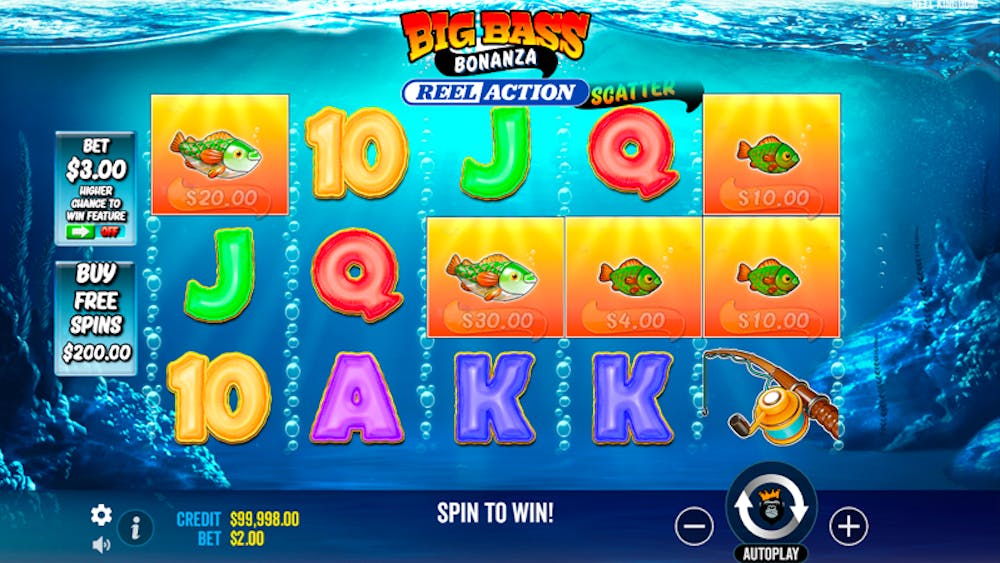 Big Bass Bonanza online slot game interface featuring underwater-themed symbols such as fishing rods, tackle boxes, dragonflies, and colorful letters, with the scatter symbol displaying a large fish.