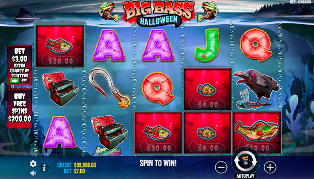 Big Bass Halloween slot game interface showcasing aquatic-themed symbols such as a raven, fishing hooks, and treasure chests. The reels feature glowing letters and fish with various cash prizes, highlighted against a spooky underwater background with a Halloween twist. Options for extra scatter chances and free spins purchase are displayed on the left.