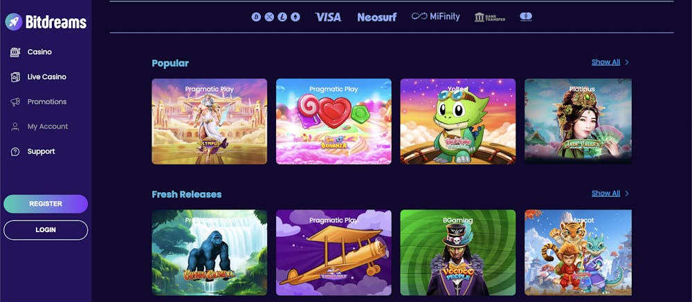 bitdreams casino home page with games and slots alongside the menu