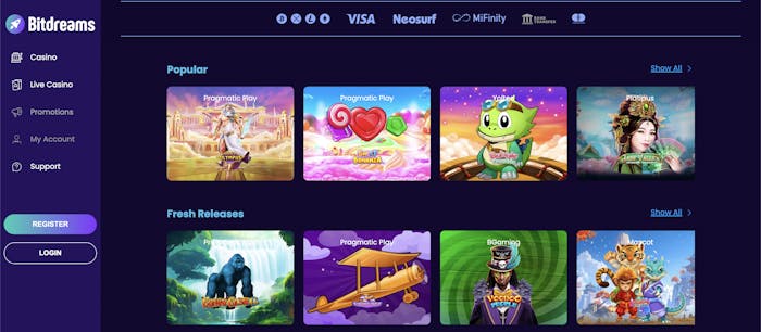 bitdreams casino home page with games and slots alongside the menu