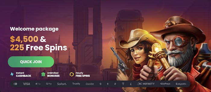 the current welcome package for bitkingz casino, a total of 4500 dollars and 225 free spins. A prospector and a cowgirl are seen next to the bonus