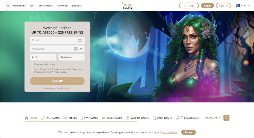 boho casino sign up page