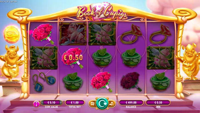 Book of Cupigs pokie interface with five reels featuring symbols like winged cupid pigs, roses, engagement rings, and golden pig statues on either side of the screen. The interface displays a total bet of €1.00 and a balance of €499.00, with a romantic pink and gold aesthetic.