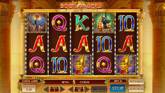 Screenshot of the Book of Dead online pokie, featuring five reels with ancient Egyptian-themed symbols like Anubis, pharaohs, and playing card values, set against a golden temple backdrop with game controls at the bottom.