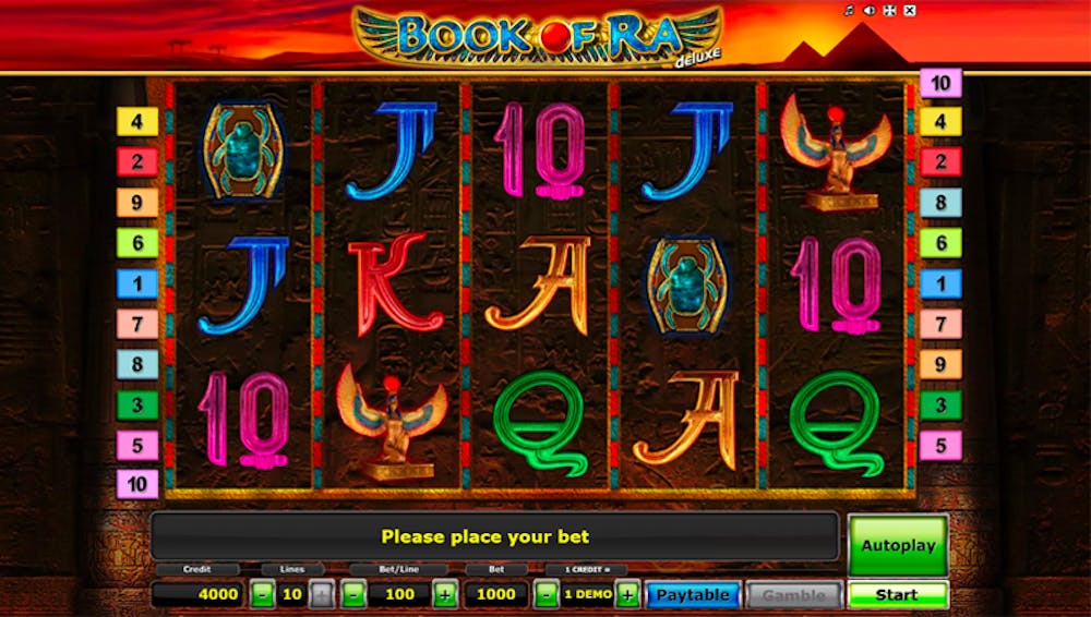 Book of Ra Deluxe pokie game screen featuring an ancient Egyptian theme with symbols like scarabs, pharaohs, and hieroglyphs on a 5-reel, 10-payline slot setup