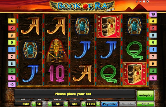 Screenshot of the Book of Ra Deluxe online pokie showing ancient Egypt-themed symbols on the reels with colorful paylines on the sides.