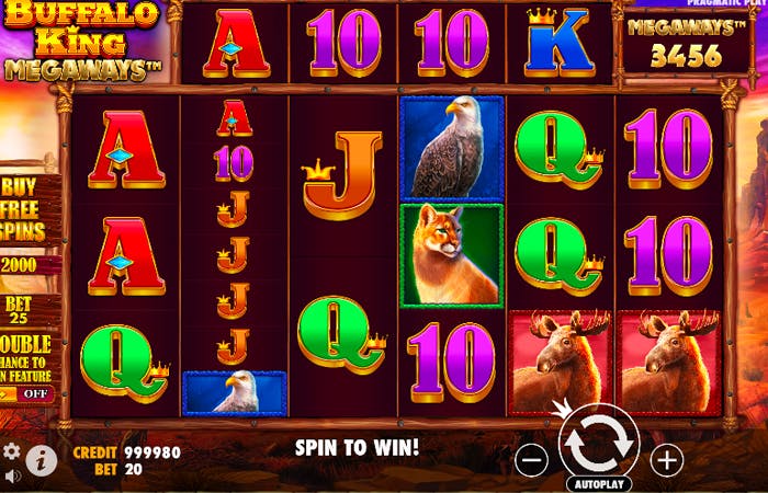 Buffalo King Megaways slot game screen featuring a 6-reel layout with symbols including eagles, wolves, moose, and classic card values set in a rugged canyon backdrop