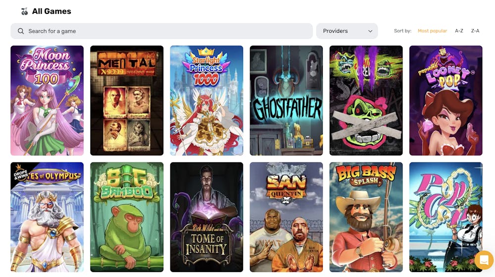A grid-style casino game lobby at Bulletz Casino displaying various online slot games, including 