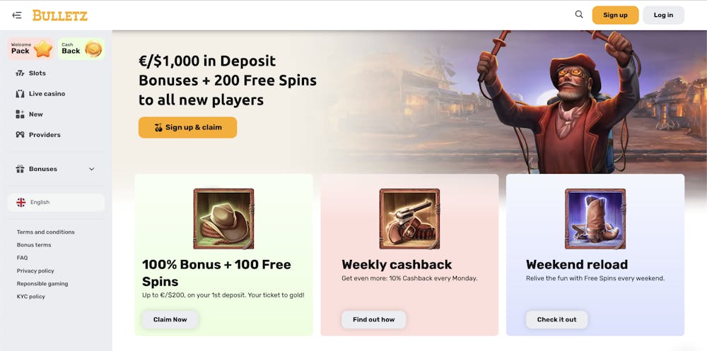 The Bulletz Casino homepage features a western-themed welcome banner promoting a €/$1,000 welcome package with 200 free spins. The layout includes a sidebar with casino sections like slots, live casino, and bonuses, along with a “Sign Up & Claim” button for new players.