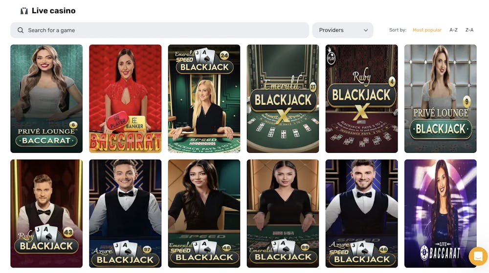 Bulletz Casino's live dealer game selection, showcasing popular titles like Privé Lounge Baccarat, Speed Blackjack, and Emerald Blackjack. The interface features professional live dealers, elegant card tables, and a search bar for easy navigation.