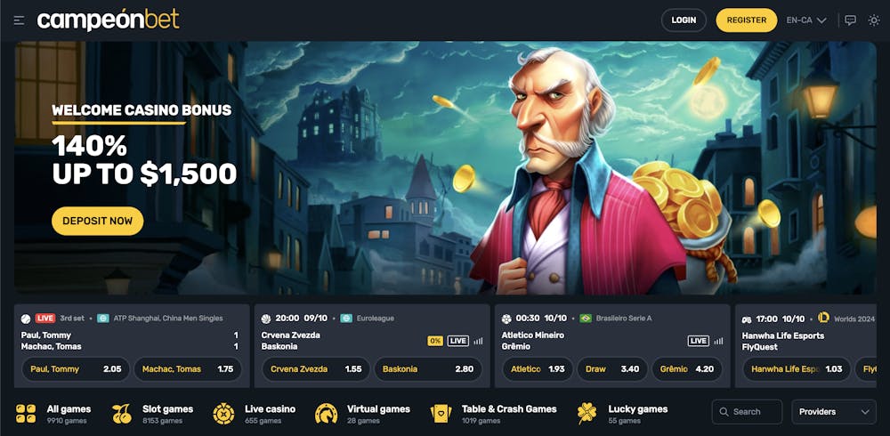 campeonbet casino home page with welcome bonus displayed next to old man