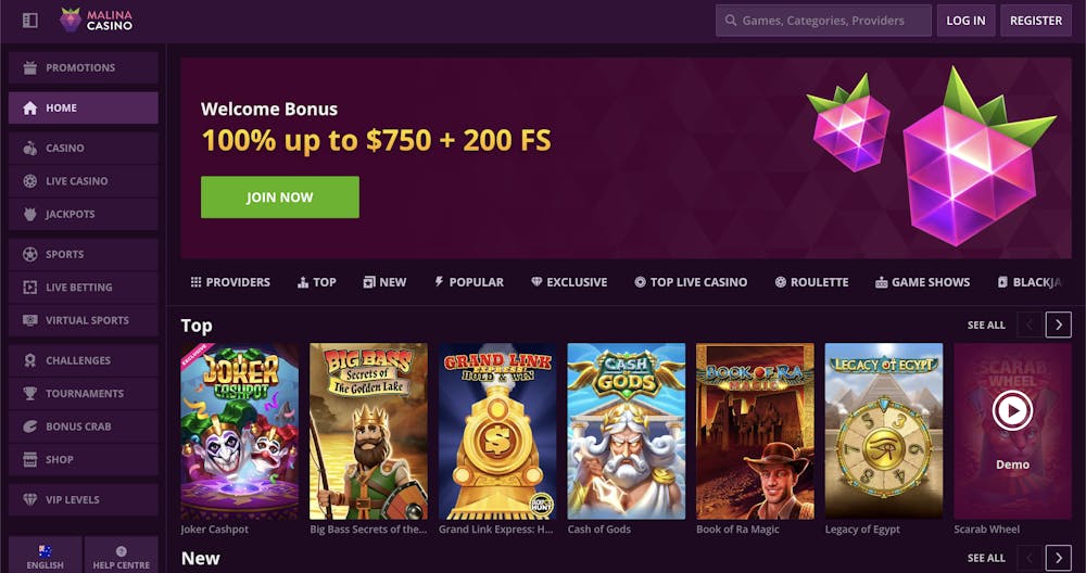 the home page at malina casino, displaying the welcome bonus amongst a purple background with digital strawberries, and the top games underneath