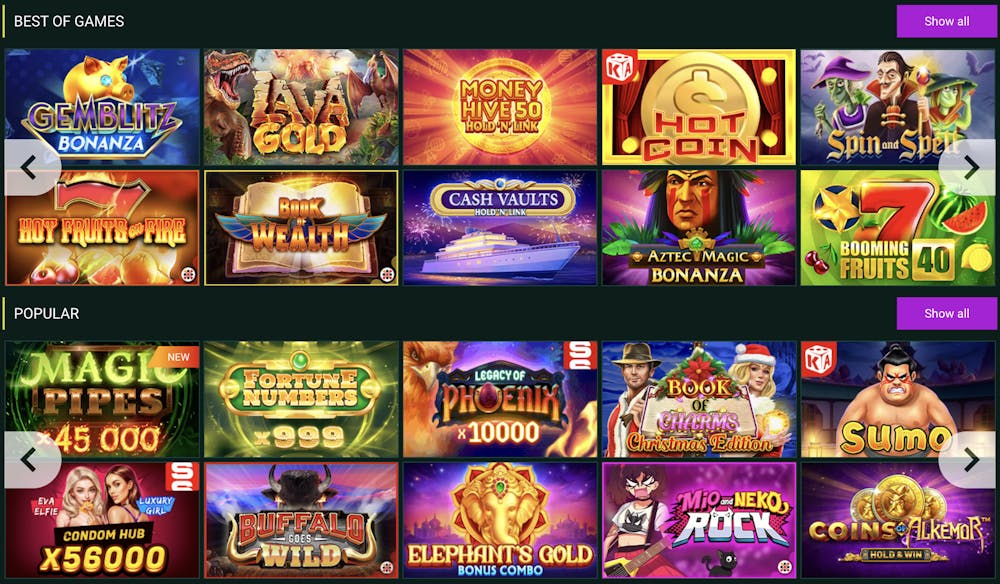 SpinBetter Casino 'Best of Games' section featuring popular slots like Gemblitz Bonanza, Hot Fruits on Fire, and Cash Vaults, displayed in a grid format.