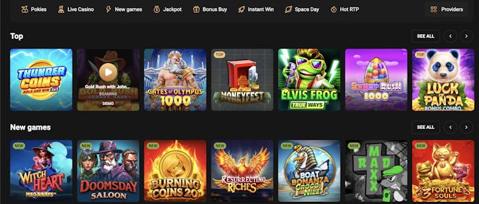 the top and new casino games section at roman casino, with seven games displayed on each