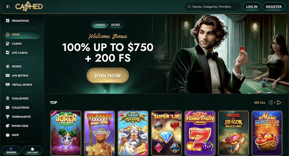 Cashed Casino homepage displaying a welcome bonus of 100% up to $750 + 200 free spins, with a top game lineup including Joker Cashpot, Big Bass Vegas Double Down Deluxe, and Super Flip.