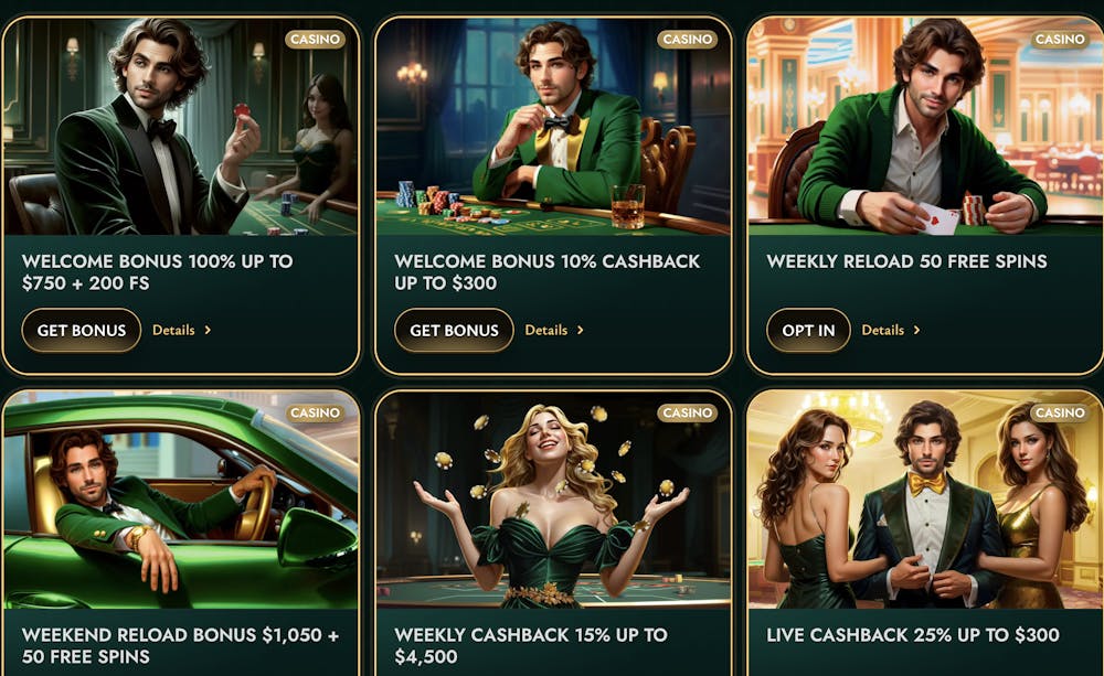 Promotions at Cashed Casino, showcasing welcome bonus offers of 100% up to $750 + 200 free spins, weekend reload bonuses, and live cashback offers.