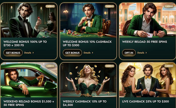 Promotions at Cashed Casino, showcasing welcome bonus offers of 100% up to $750 + 200 free spins, weekend reload bonuses, and live cashback offers.
