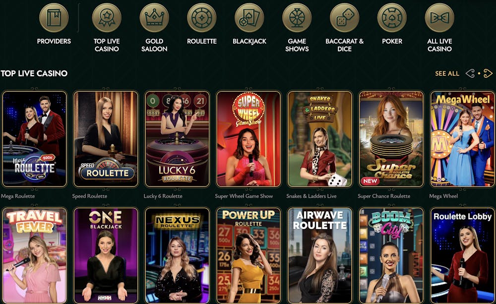 Live casino game options at Cashed Casino, featuring Speed Roulette, Lucky 6 Roulette, Snakes &amp; Ladders Live, and Super Chance Roulette, with navigation options like Roulette, Blackjack, and Poker.