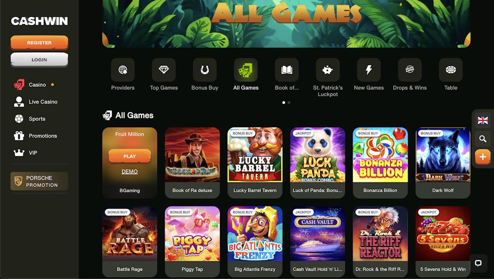 All Games section at Cashwin Casino, featuring various game icons such as Book of Ra, Lucky Barrel Tavern, and Bonanza Billion, with a demo option for Fruit Million.