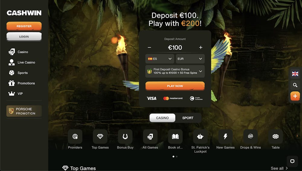 Cashwin Casino homepage with a promotional banner offering a €100 deposit bonus, giving a total of €200 to play with. The interface shows options for casino, live casino, sports, promotions, and VIP sections.