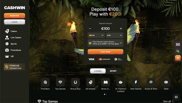 Cashwin Casino homepage with a promotional banner offering a $100 deposit bonus, giving a total of $200 to play with. The interface shows options for casino, live casino, sports, promotions, and VIP sections.