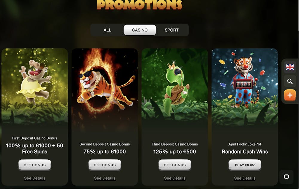 promotions page at Cashwin Casino, displaying promotional offers including a first deposit bonus of 100% up to €1000 + 50 free spins, a second deposit bonus, and an April Fool's JokePot random cash win promotion.