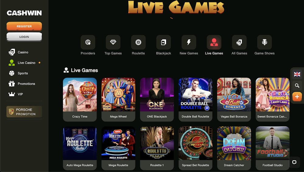 live casino section at Cashwin Casino, showing games like Crazy Time, Mega Wheel, ONE Blackjack, and Double Ball Roulette.