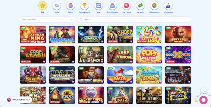 All Games page at Casino Joy, displaying a variety of games such as Book of Ra Deluxe, Lucky Barrel Tavern, and Bonanza Billion, with options to play and demo.