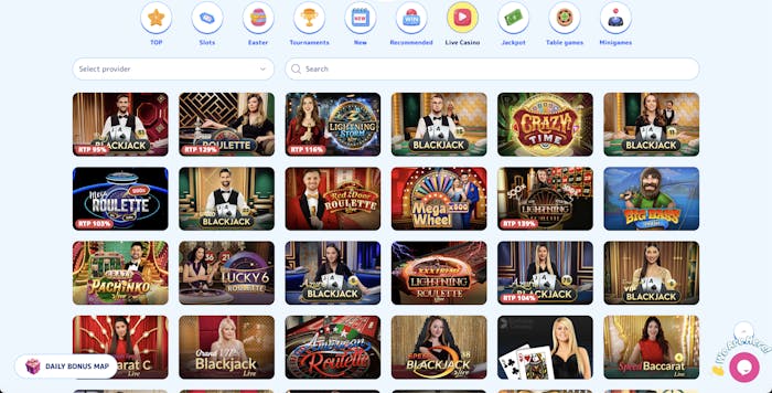 Live Games section at Casino Joy, featuring live casino games such as Crazy Time, Mega Wheel, One Blackjack, and Double Ball Roulette